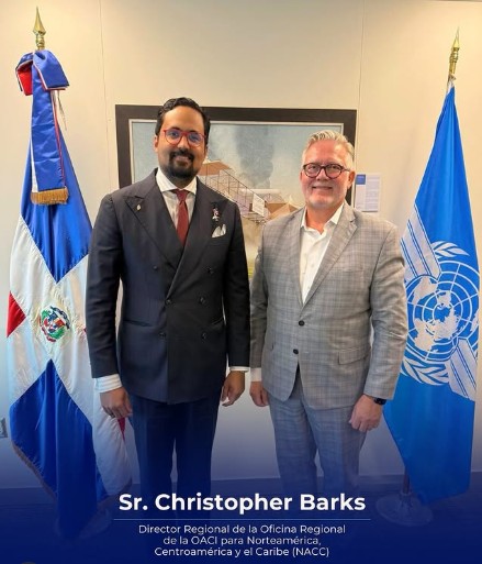 El Sr. Christopher Barks, Director Regional de la Oficina Regional de la OACI para Norteamérica, Centroamérica y el Caribe (NACC), realizó una visita de cortesía al Embajador Bartolomé Pujals, Representante Permanente de la República Dominicana ante la Organización. 